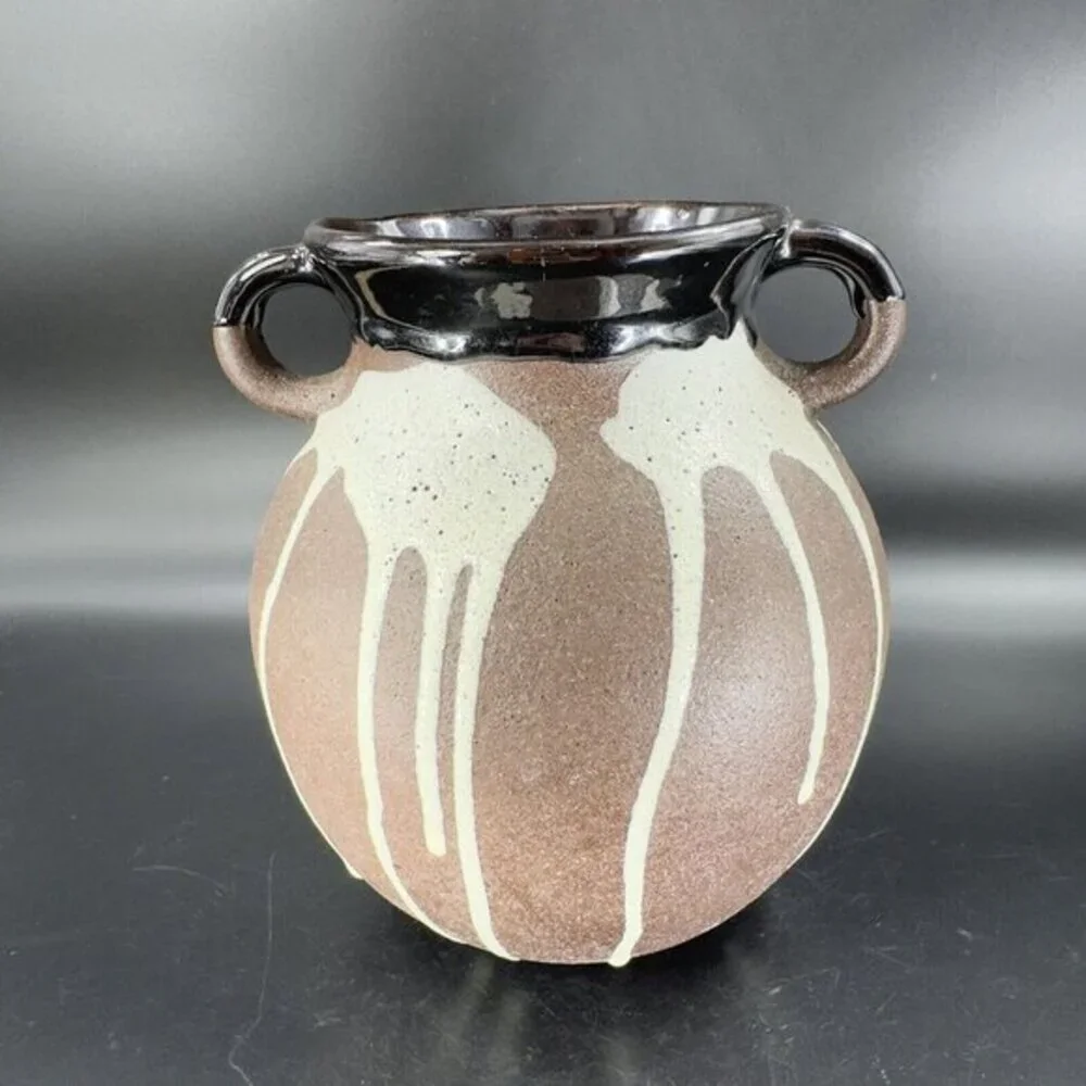 W Germany Pottery‎ Lava Glaze Vase Vessel Brown Drip Glaze RedWare With Handles